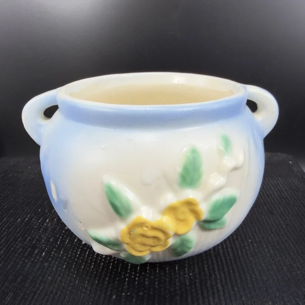 Vintage Pottery Flower Planter Blue‎ White Yellow Rose Relief Double Handle Pot